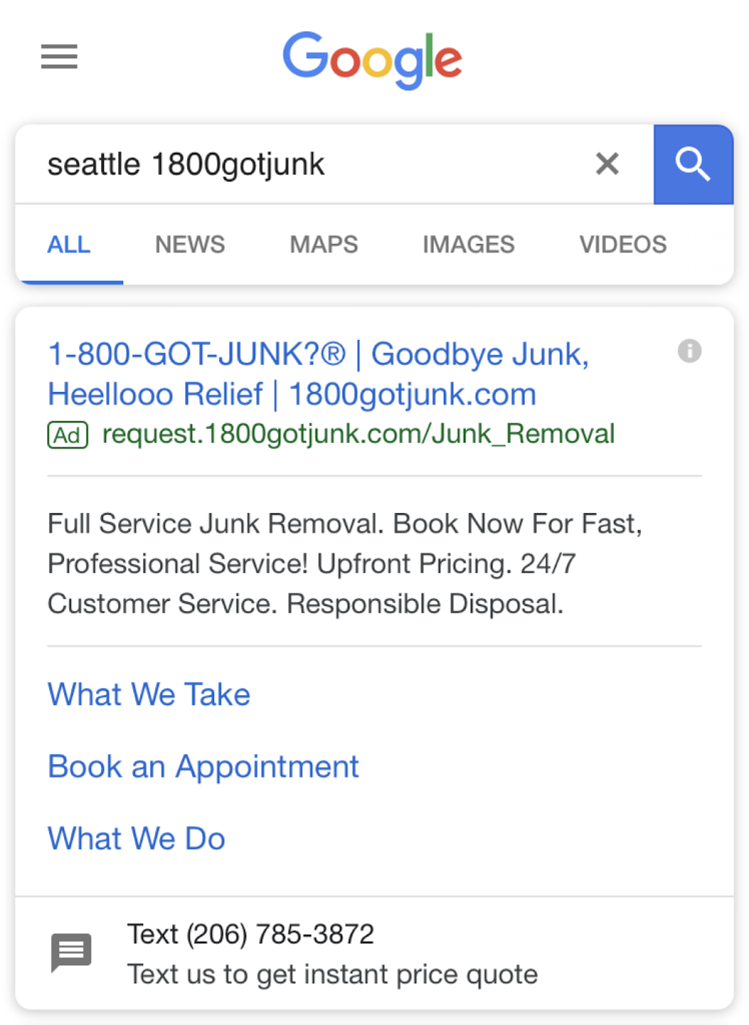 Using a business text message in a Google ad