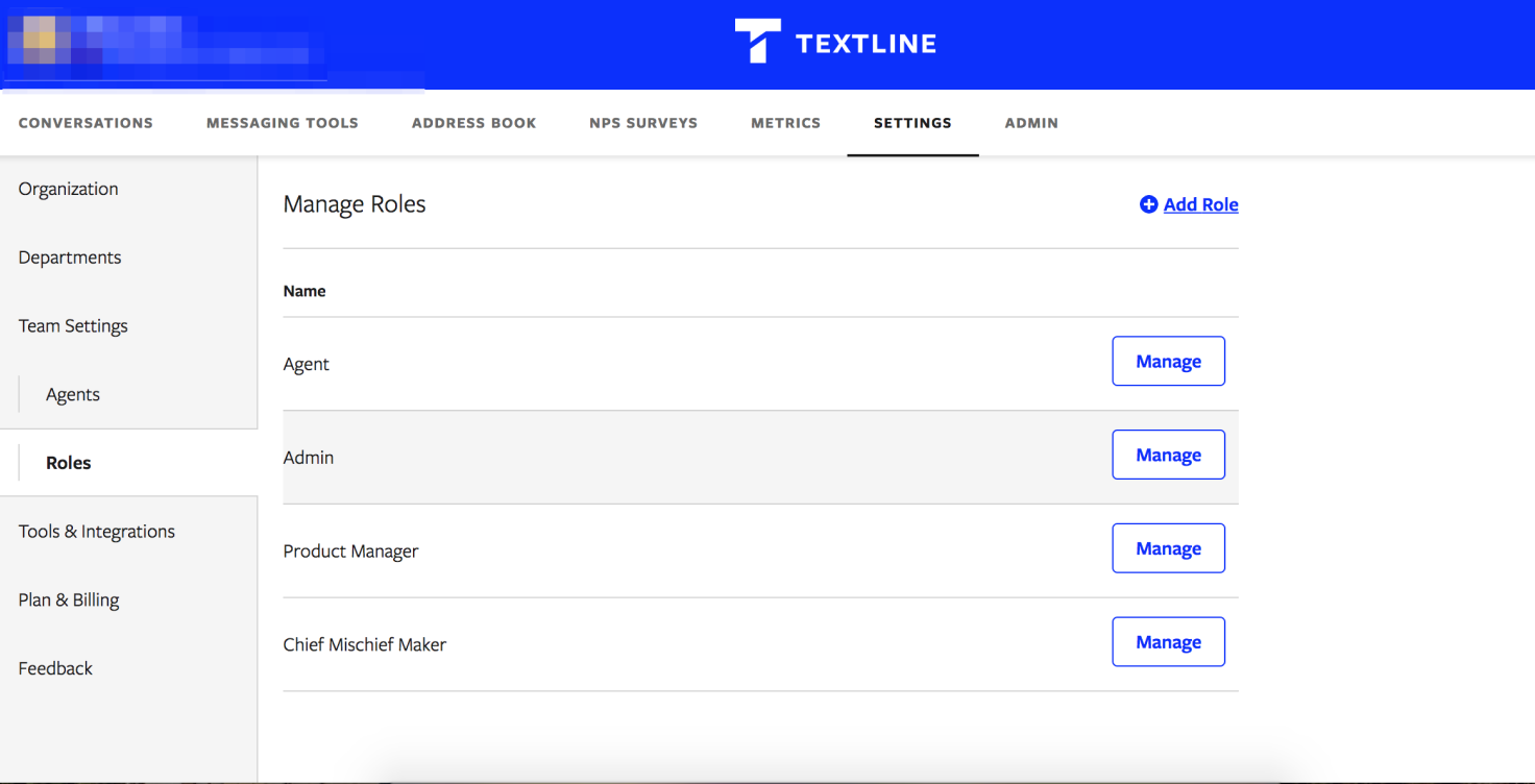 Textline software admin permissions screen