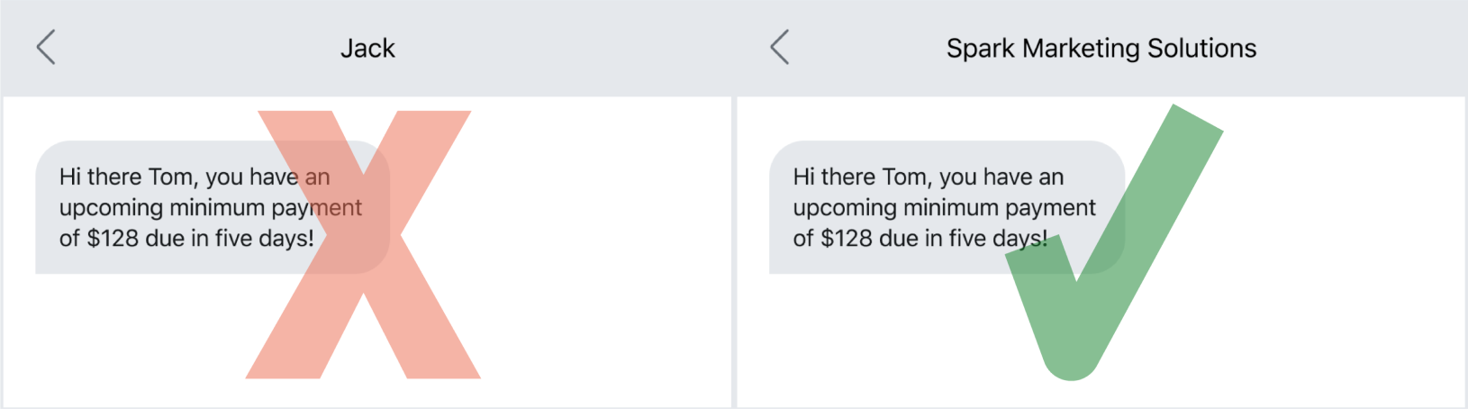 Text message screen showing the difference of using a personal number vs. company number