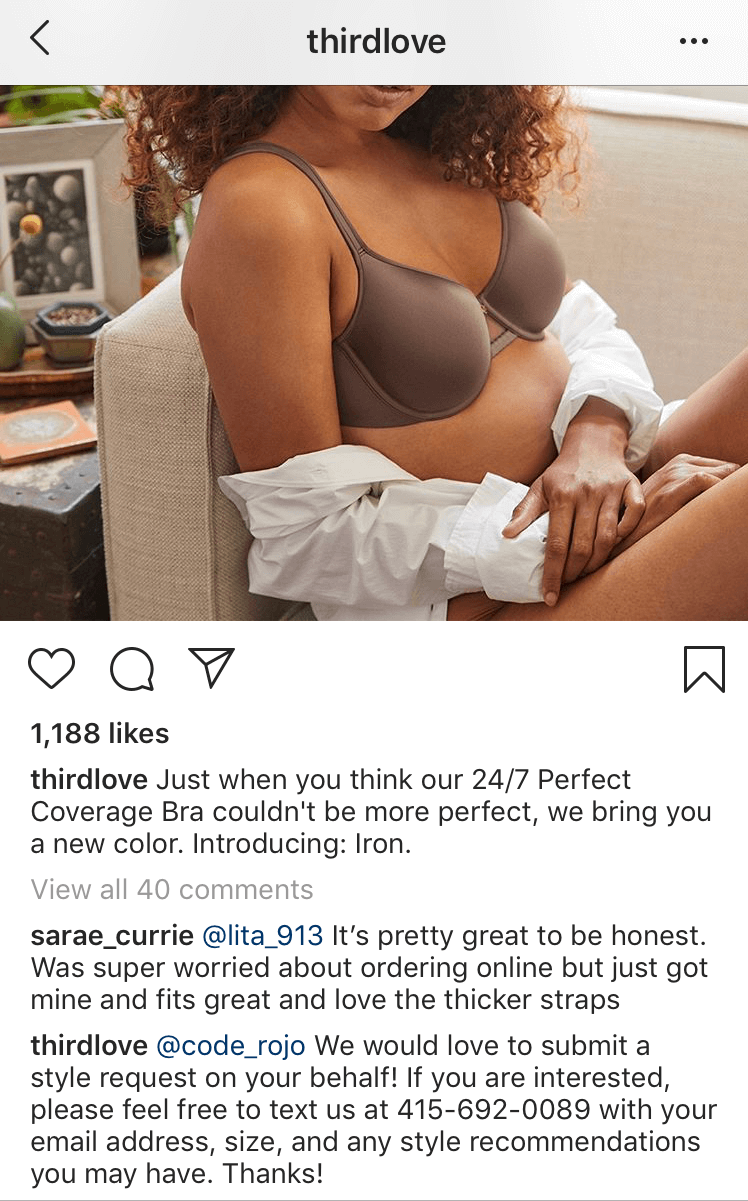 Asking customers to text your sales team in an Instagram comment