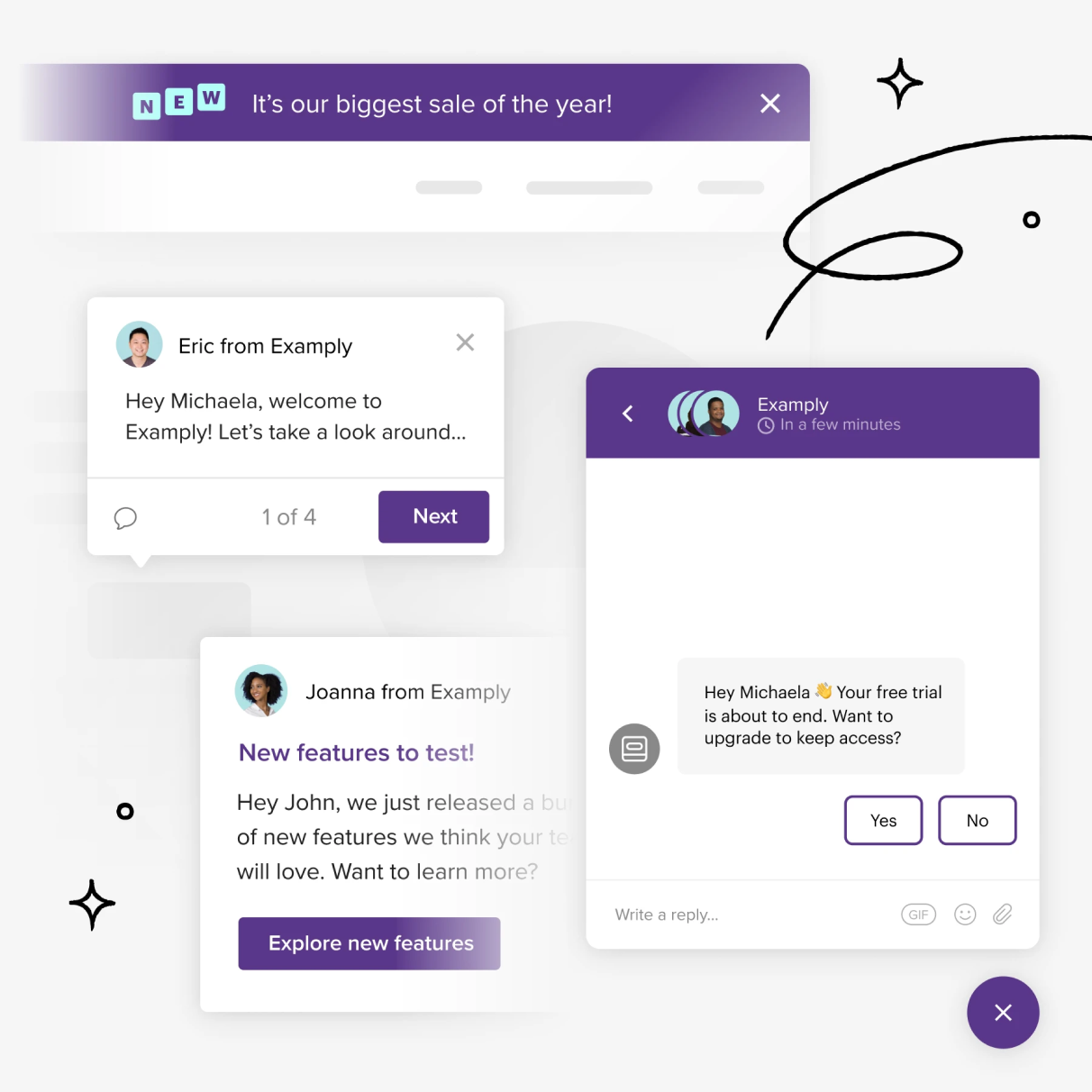 Intercom product tours, surveys, and banners.