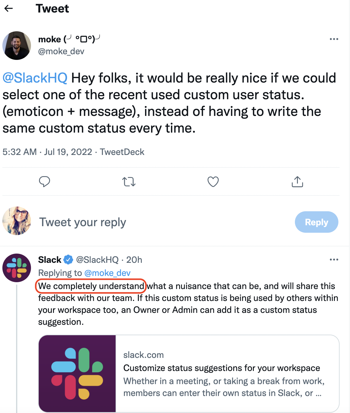 Twitter thread from Slack that showcases empathy