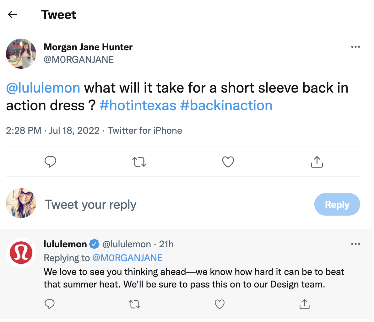 Lululemon responding to a customer on Twitter