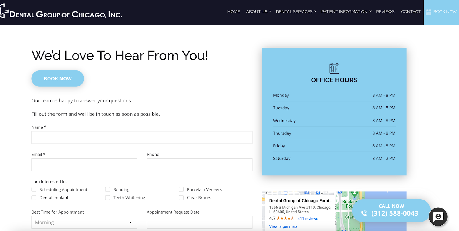 A screenshot of Dental Group of Chicago's website that makes it easy to contact them