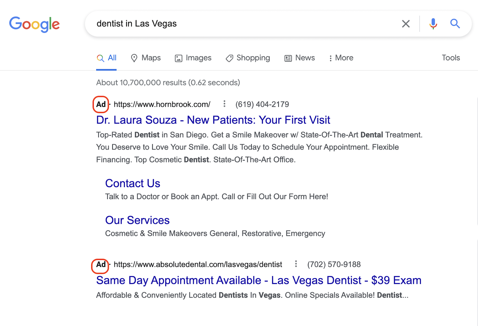 Screenshot of results from a Google search for dentist in Las Vegas