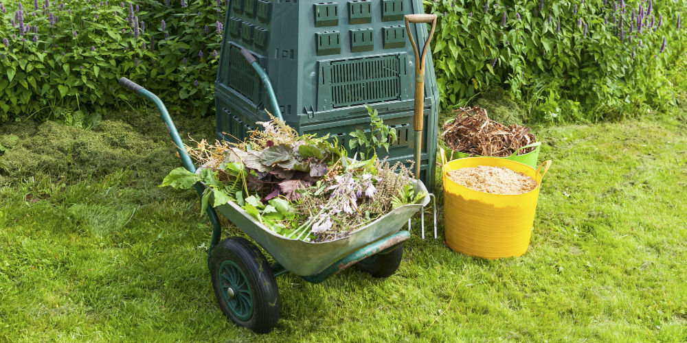 composting bin and wheelbarrow