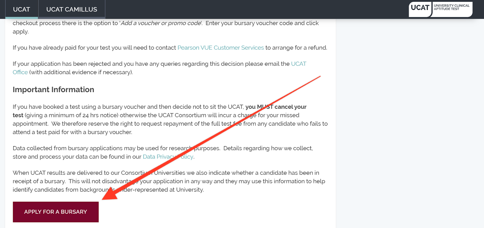 Applying for a UCAT Bursary Scheme in the UCAT official website