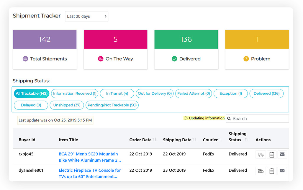 ebay messages for shipping tracking