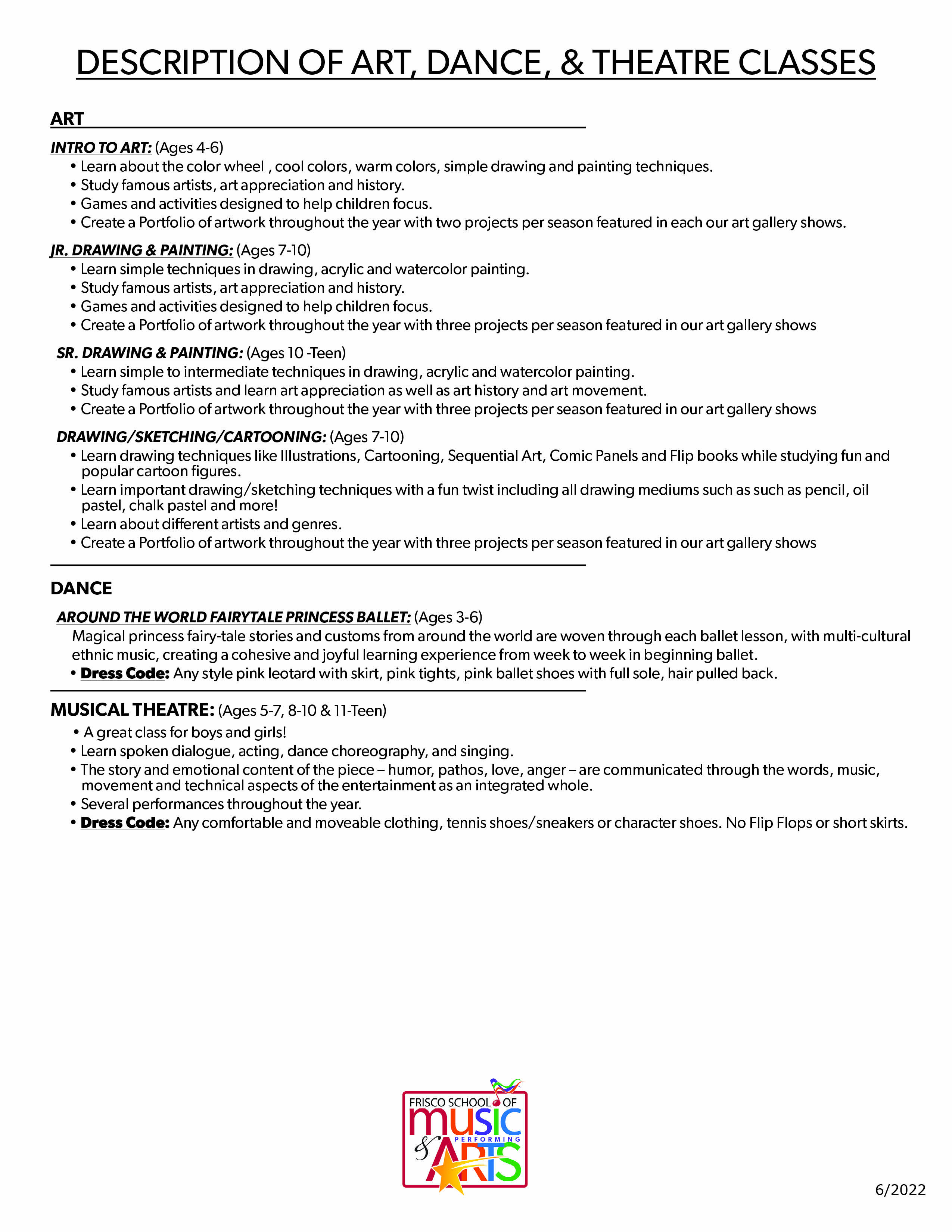 Tuition information and class descriptions for the Frisco School of Music &  Performing Arts