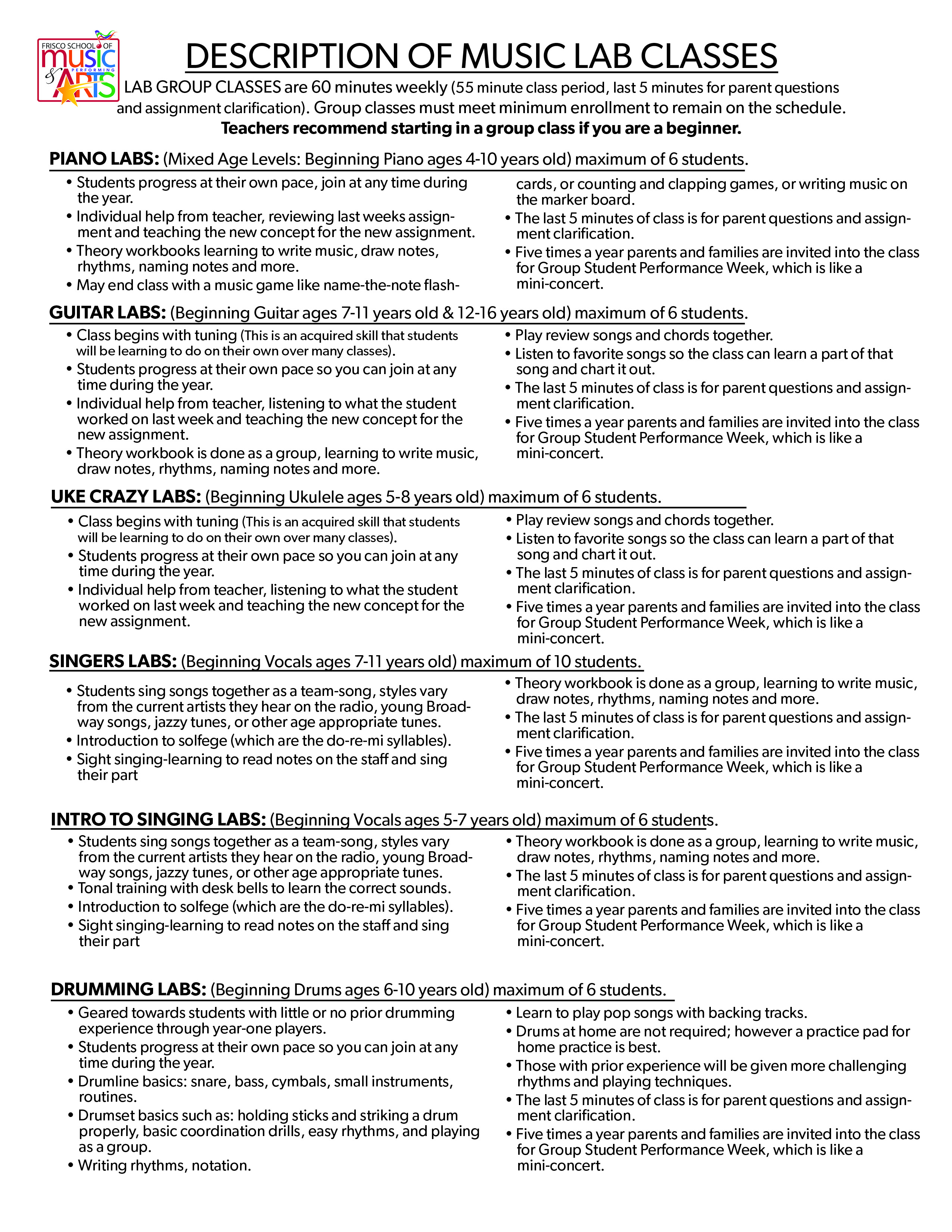 Tuition information and class descriptions for the Frisco School of Music &  Performing Arts