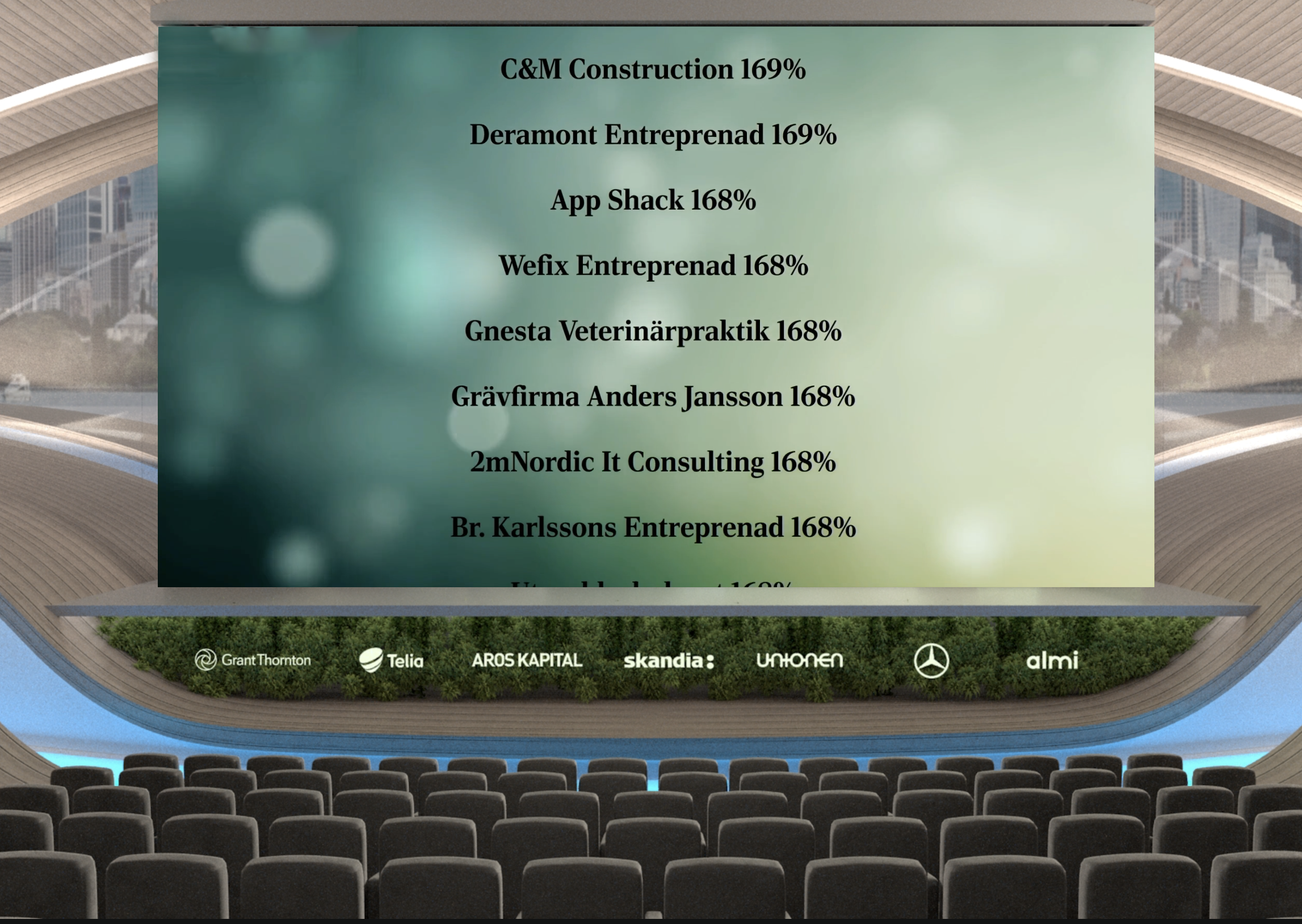 A screenshot of the Di Gasell virtual award ceremony, listing companies on a screen, including App Shack.