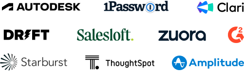 An image of Autodesk, 1Password, Clari, Salesloft, Zuora, G2, Starburst, ThoughtSpot, and Amplitude.