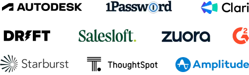 An image of Autodesk, 1Password, Clari, Salesloft, Zuora, G2, Starburst, ThoughtSpot, and Amplitude.