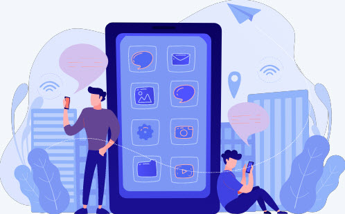 2 people collaborating with large mobile phone - illustration showing Rake team collaboration