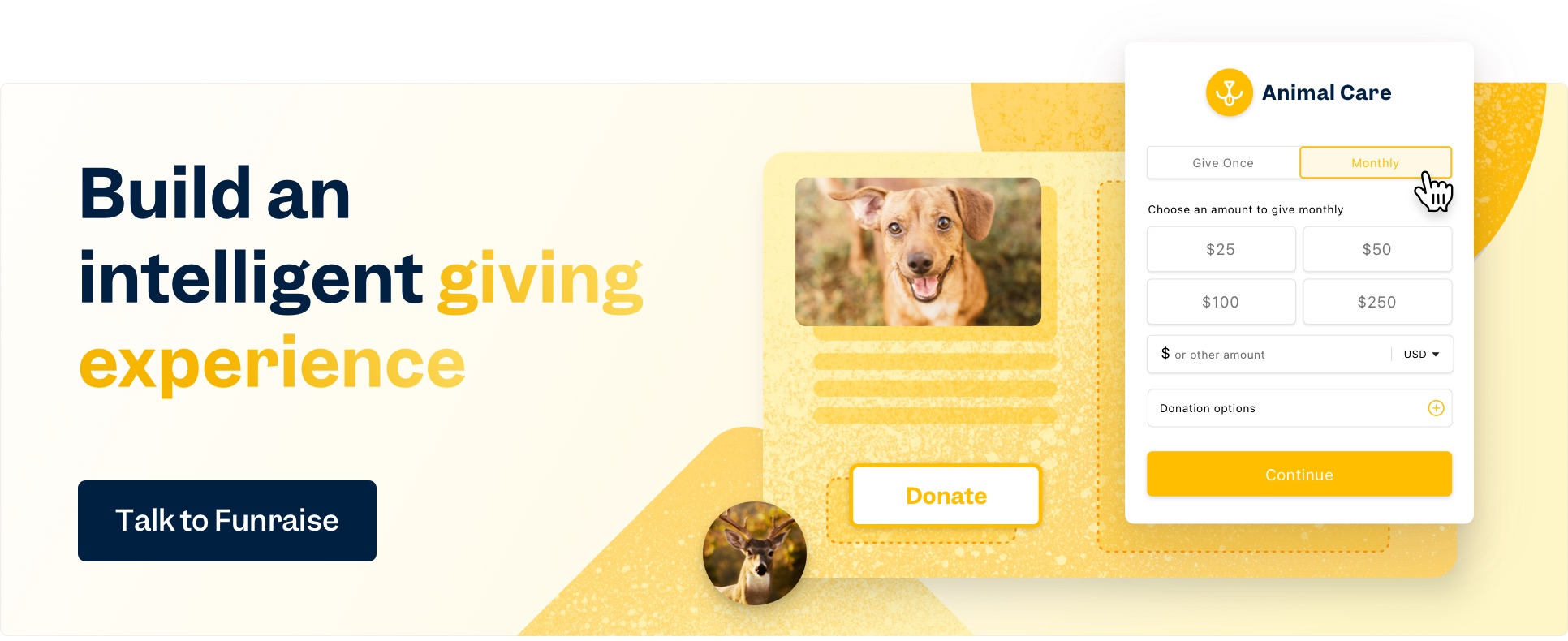 Yellow shapes in background with donation form in front with stylized text, build an intelligence giving experience.