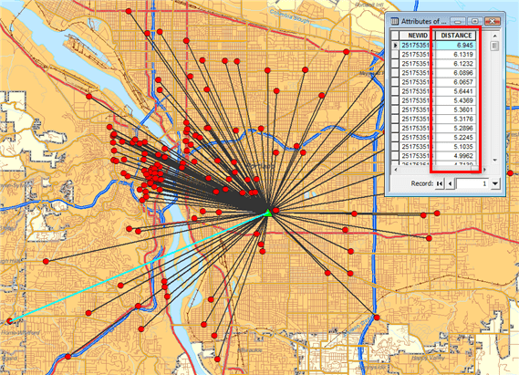 Spider map showing distances between a store in Portland, Oregon and customers’ homes