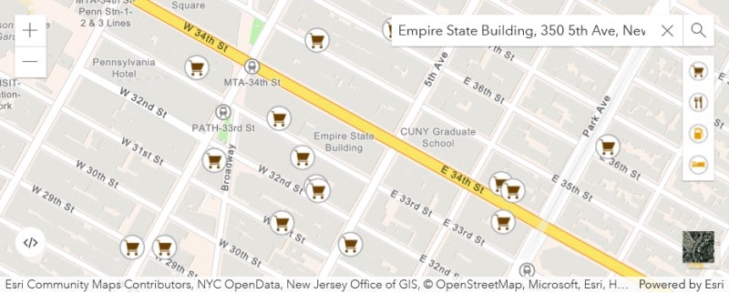 Finding the Empire State Building and nearby POIs using the ArcGIS API geocoding feature