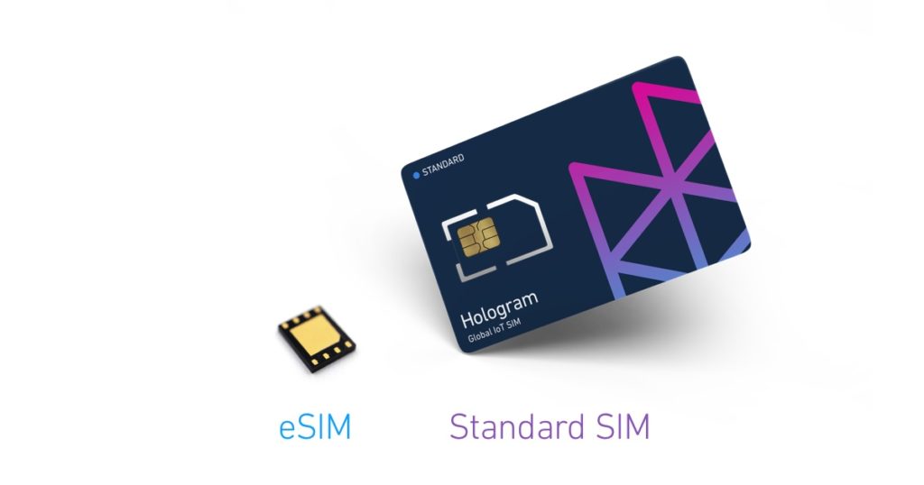 Hologram eSIM next to a Hologram Standard SIM card