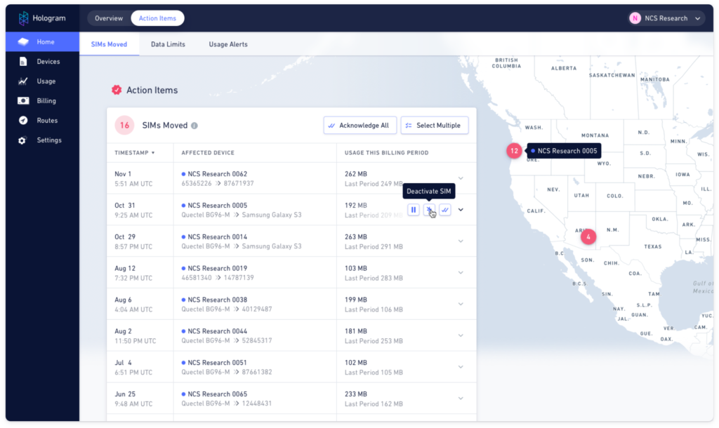 Screenshot of the Hologram Dashboard