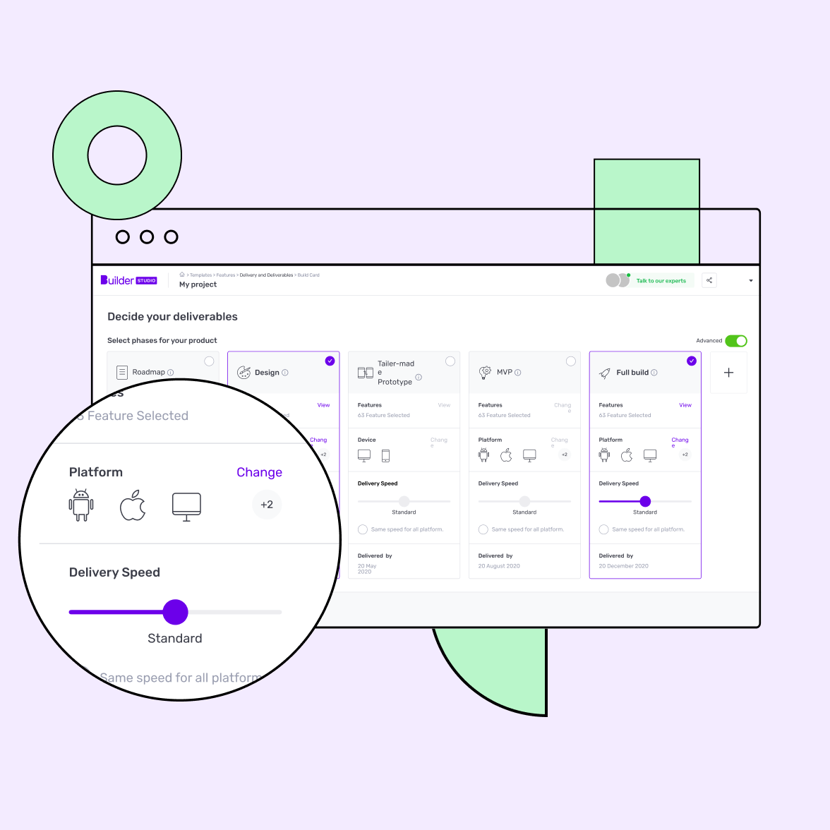 Builder Care dashboard screen with software development platforms