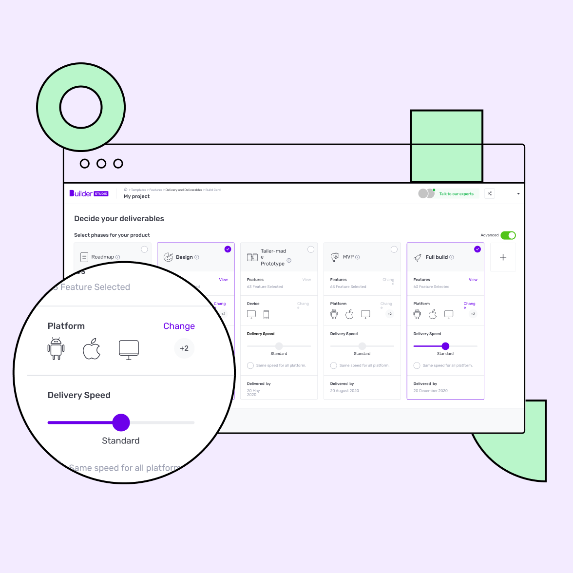 Builder Care dashboard screen with software development platforms