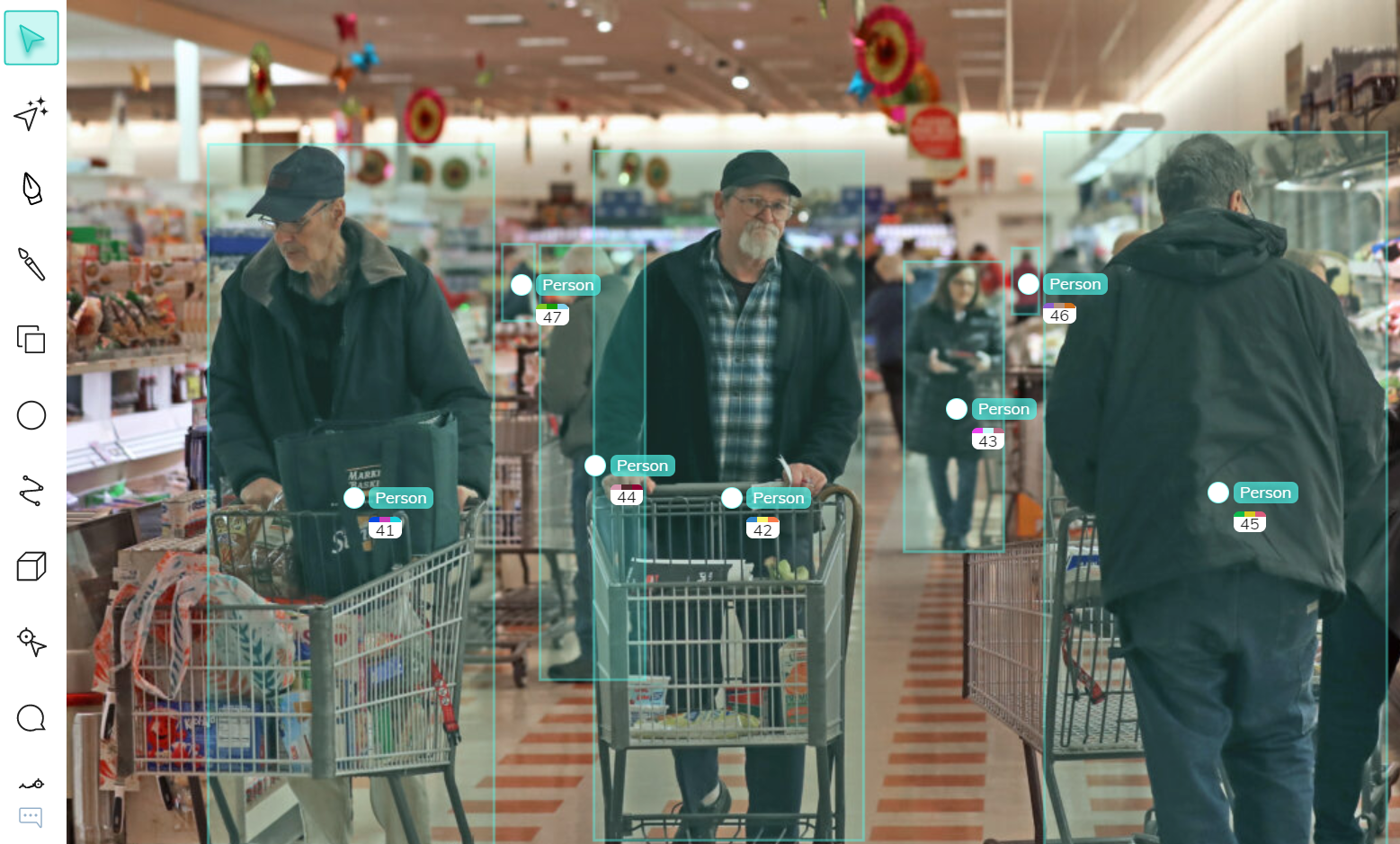 Bounding box annotations of customers in a supermarket for foot traffic and people counting using computer vision