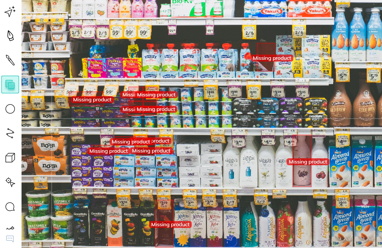 Bounding box annotations of missing products on a shelf in a store for automatic replenishment.