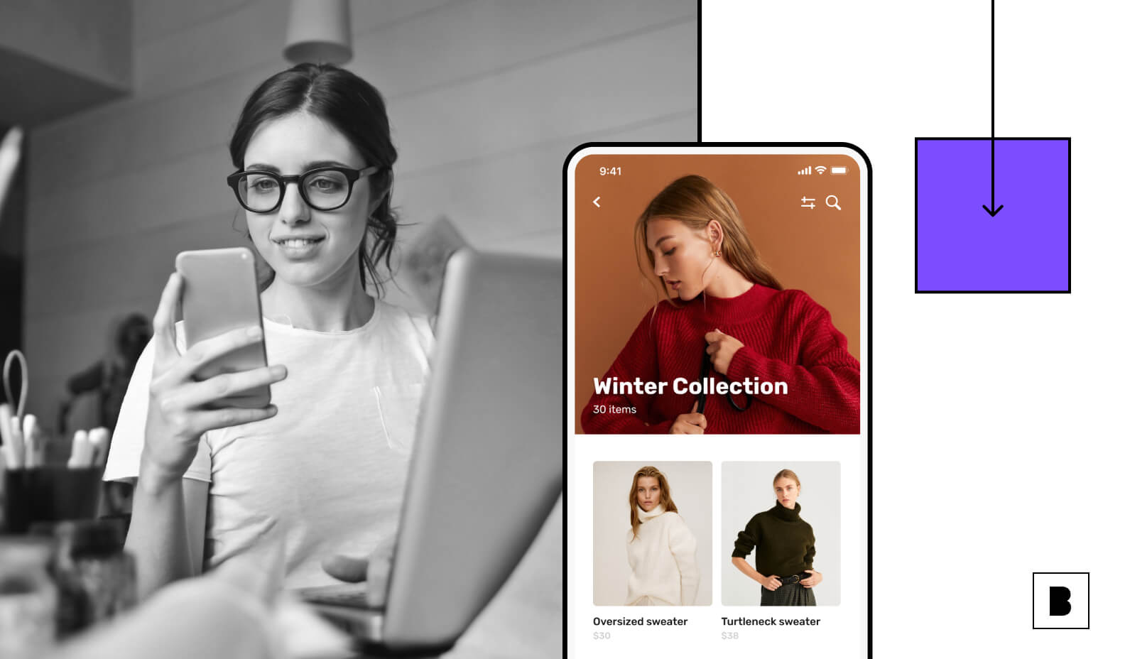 Ecommerce app screens with a user using mobile