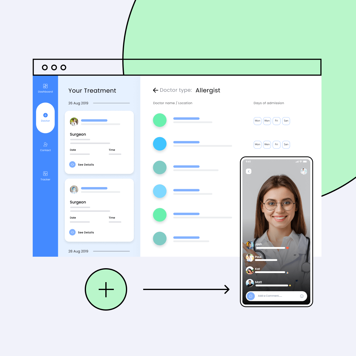 Healthcare software screen with a doctor app consulting online