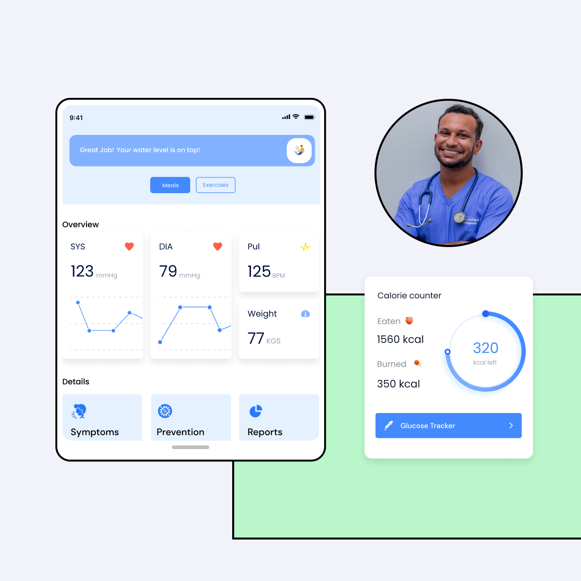 Healthcare software system screens with a doctor