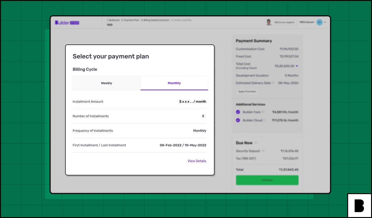 Payment plan screen for Builder Studio