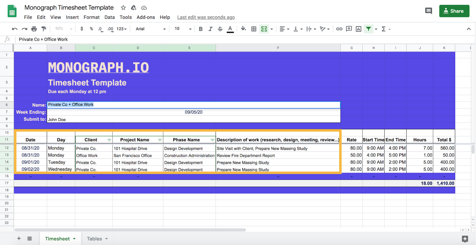 architect timesheet template information