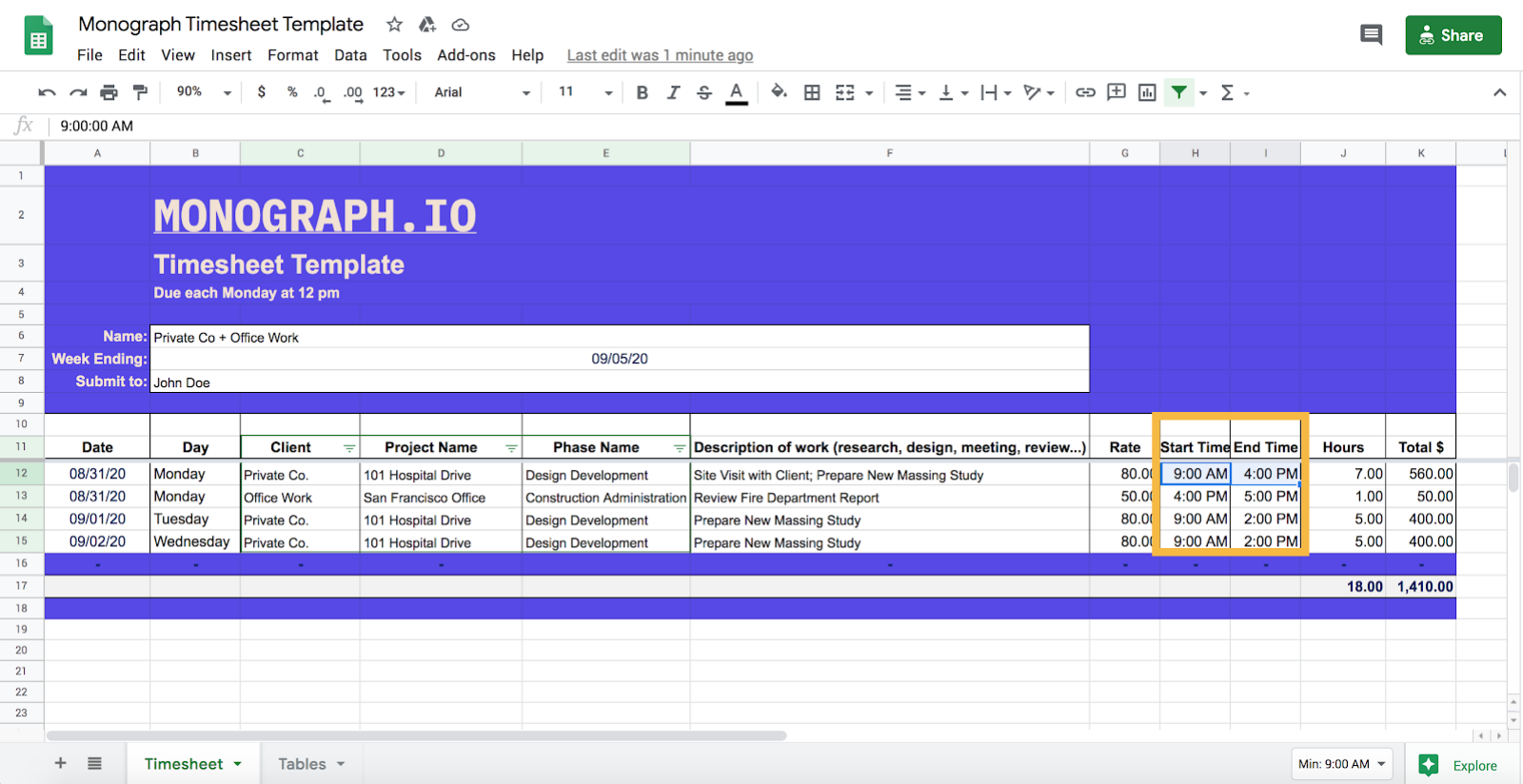 time tracking spreadsheet