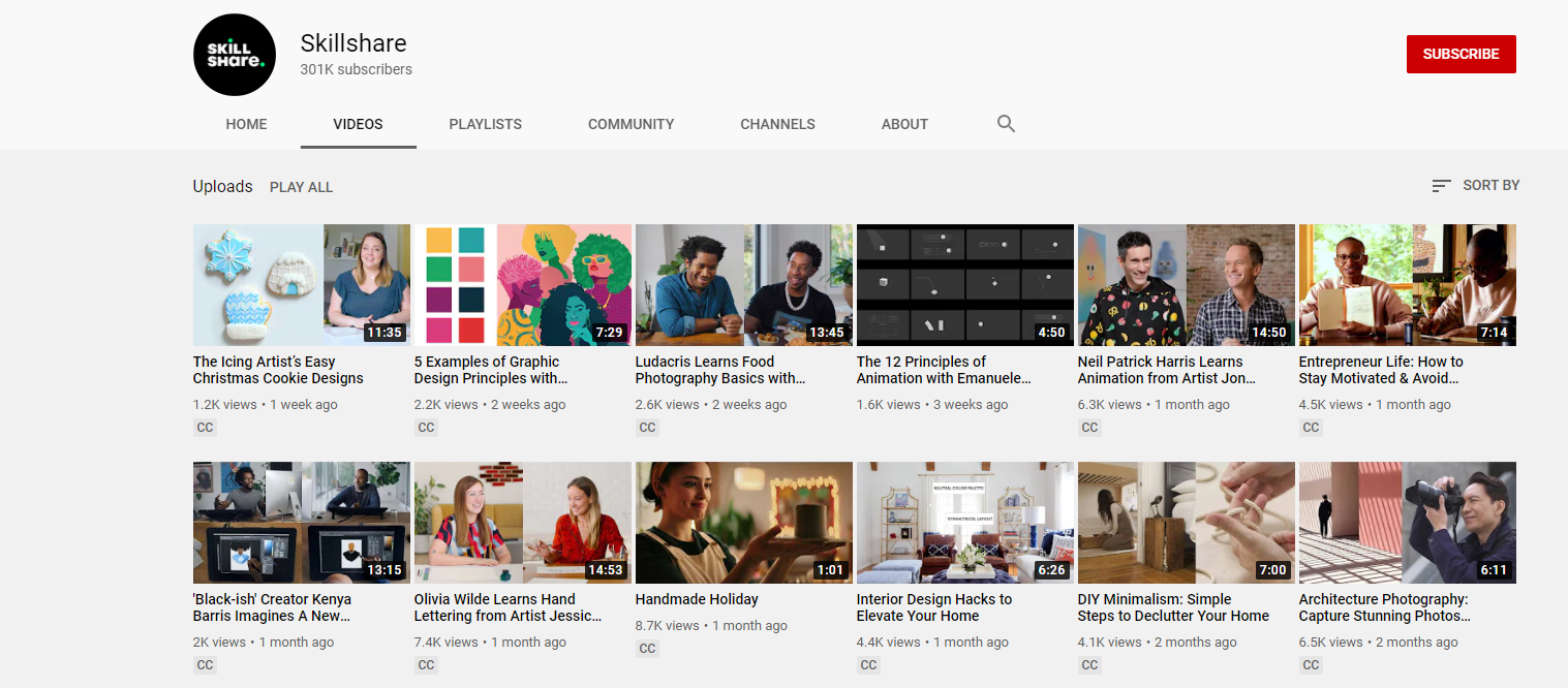Skillshare's YouTube content