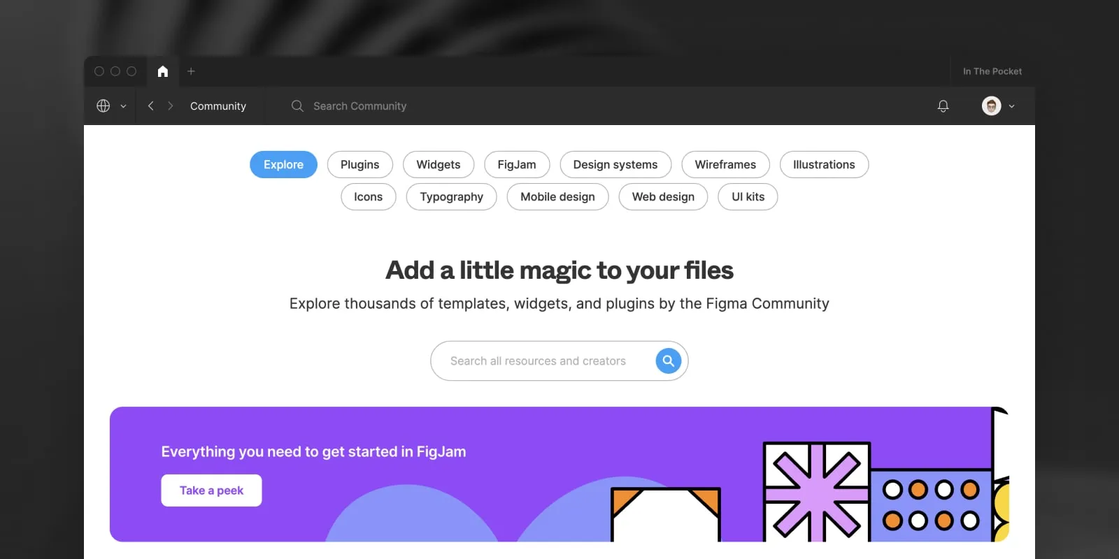 The community tab shows plugins, widgets and file templates made by the Figma community.