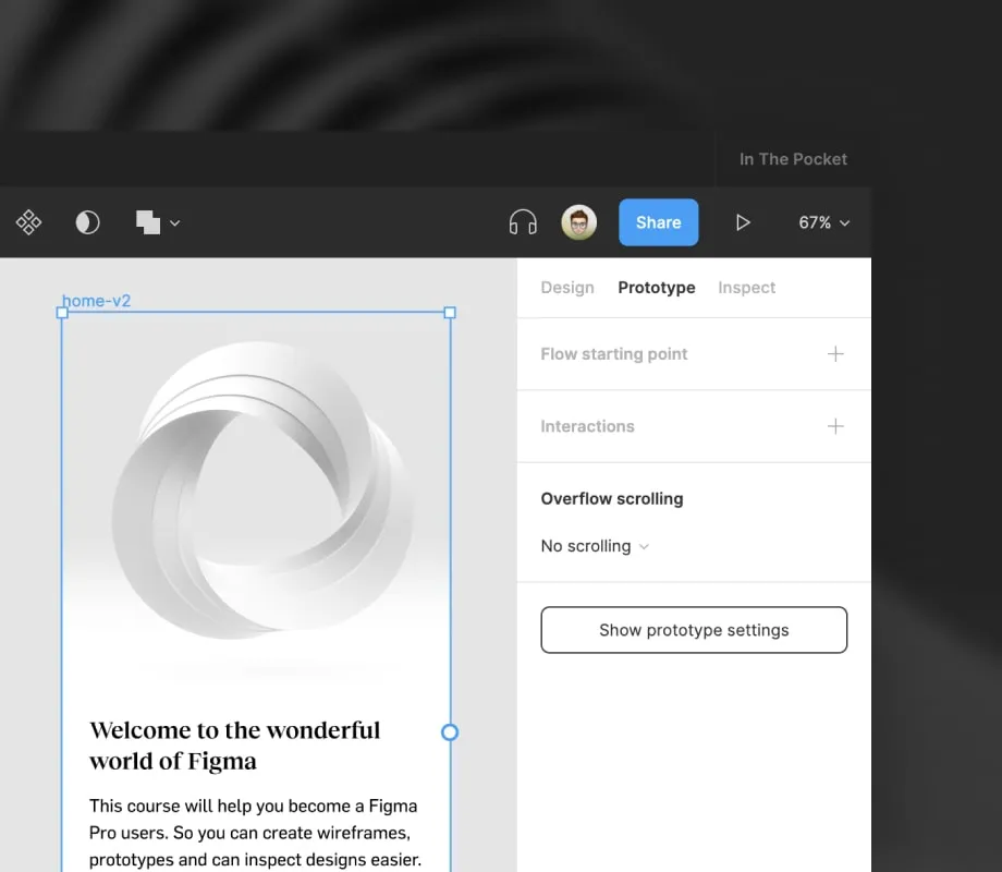 A frame is selected in prototyping mode, you will see options to setup the interaction in the prototyping panel. A small blue circle is displayed on the right side of the frame to directly link to another frame.