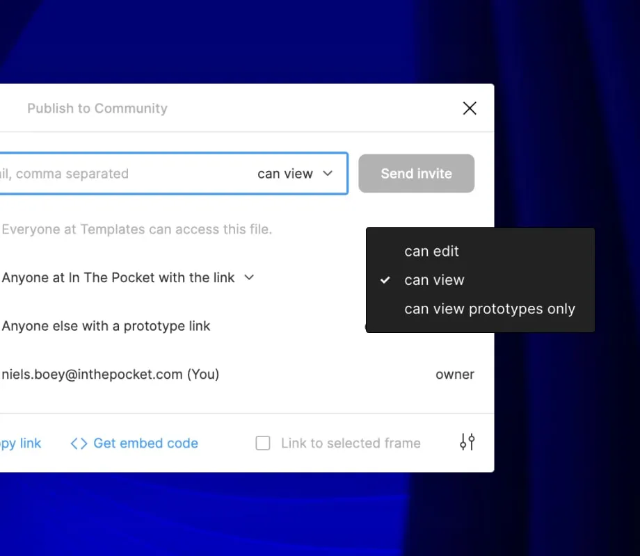 You can choose the permission for each person who is invited or for anyone who has access so they can edit, view or view prototypes only.