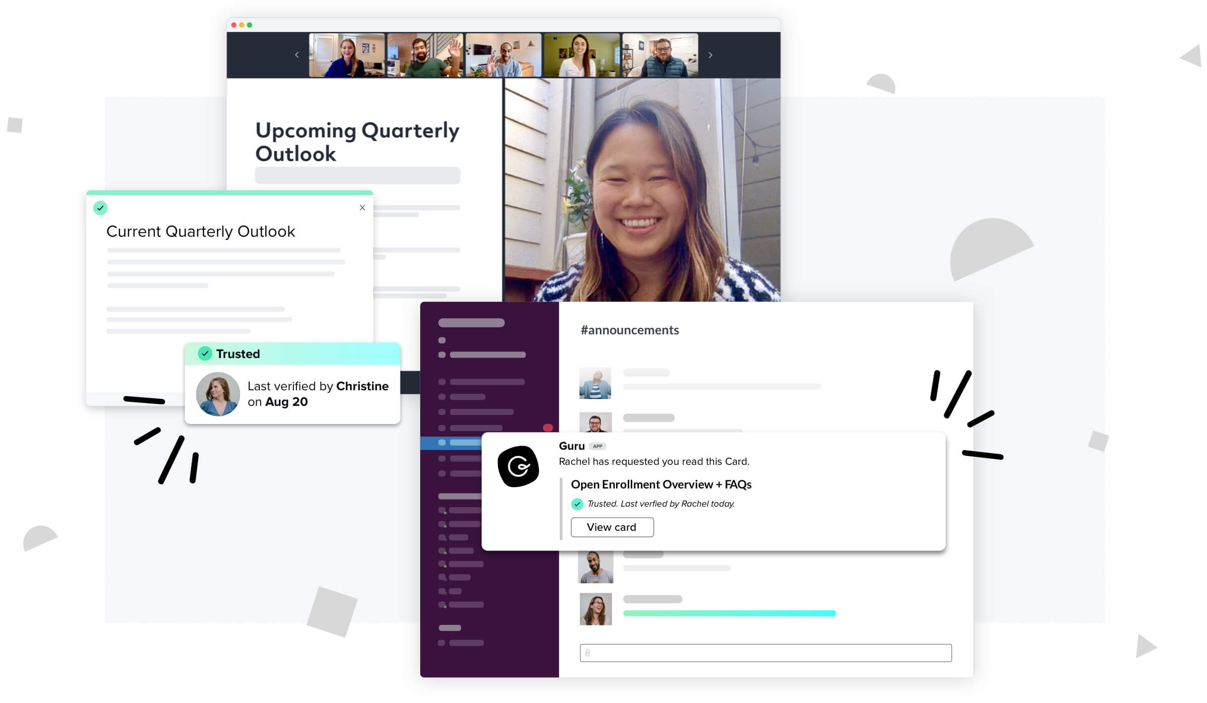Verified Guru cards containing important company information being shared and consumed in multiple workflows, including Slack and Zoom.