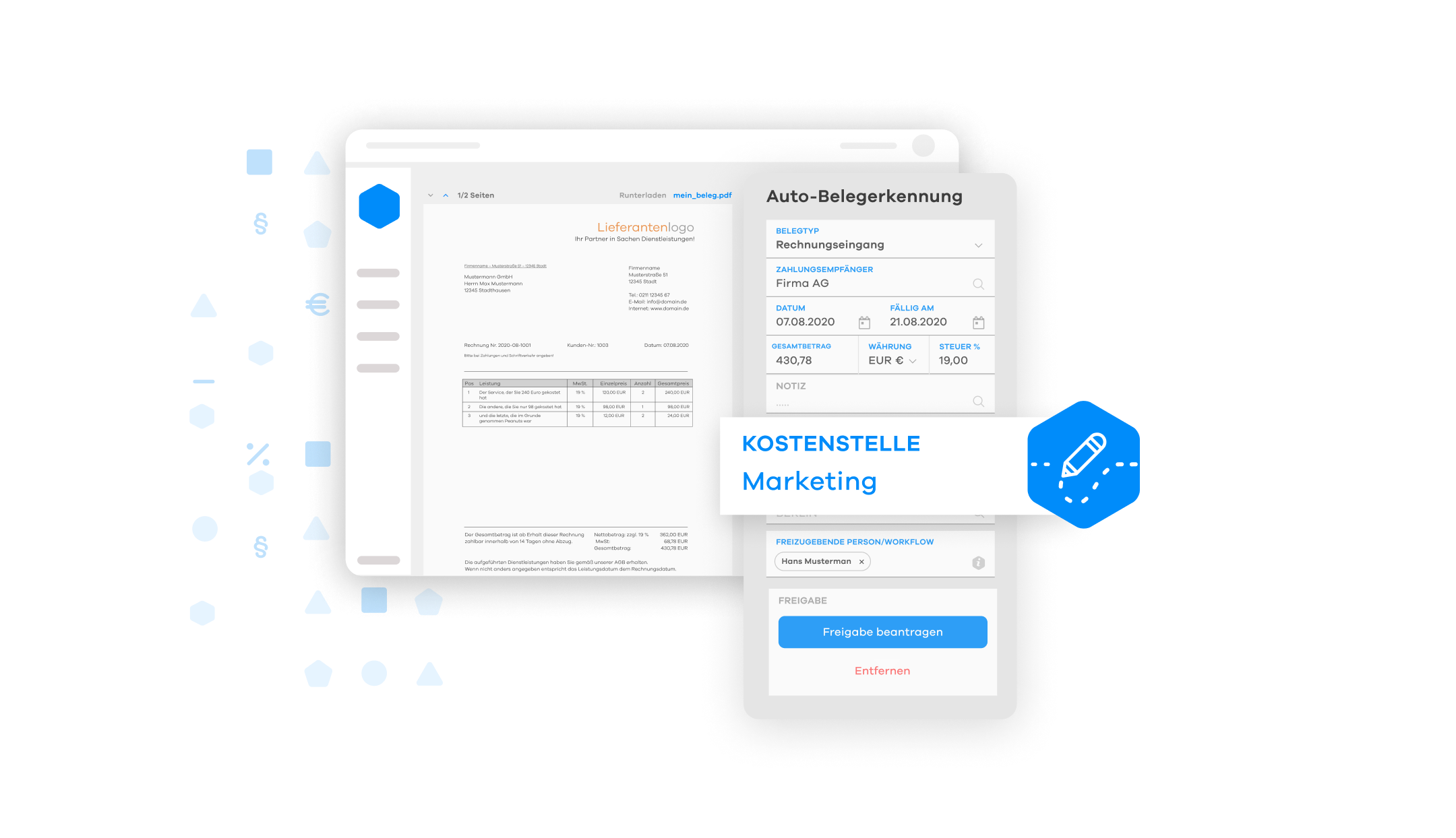 Angabe der Kostenstelle 'Marketing' in der Belegerkennung in CANDIS