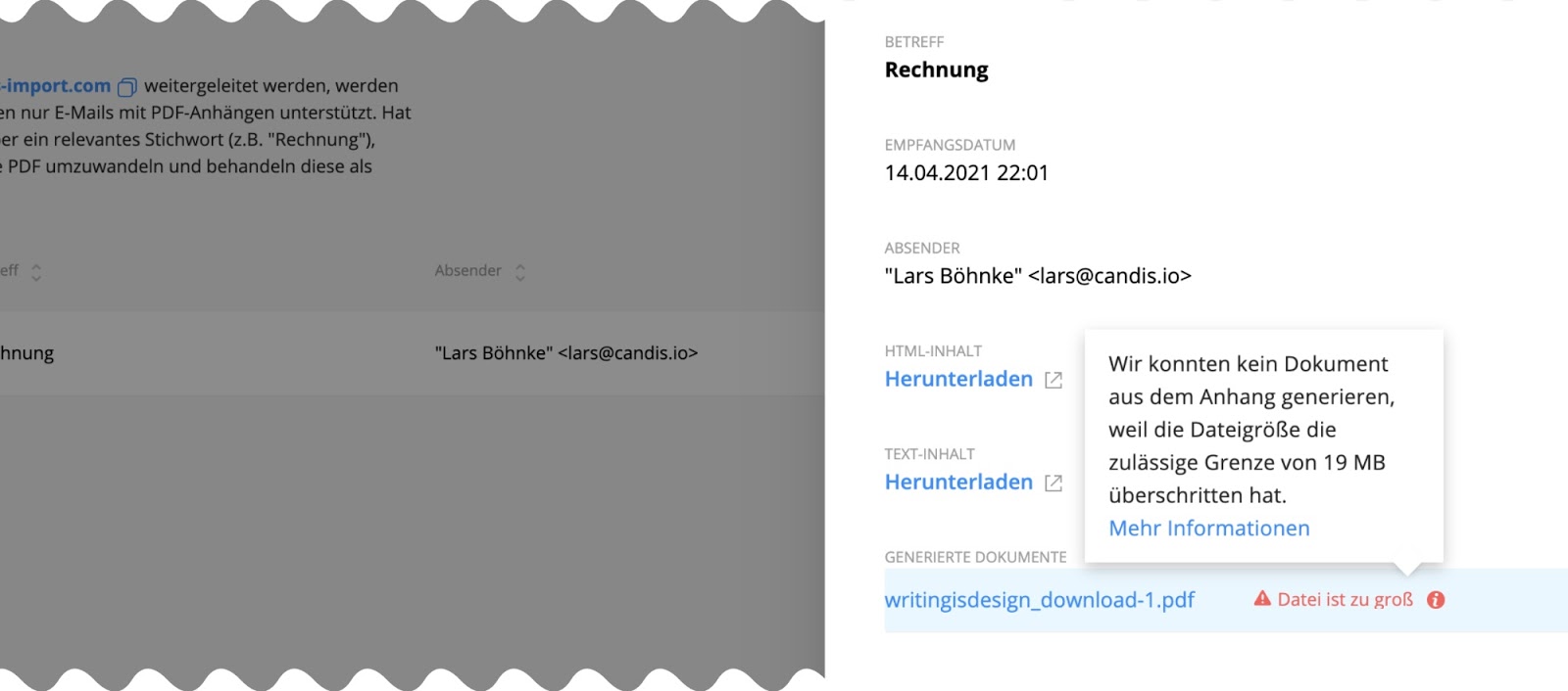 Hinweis auf Fehler bei zu großer Datei in CANDIS