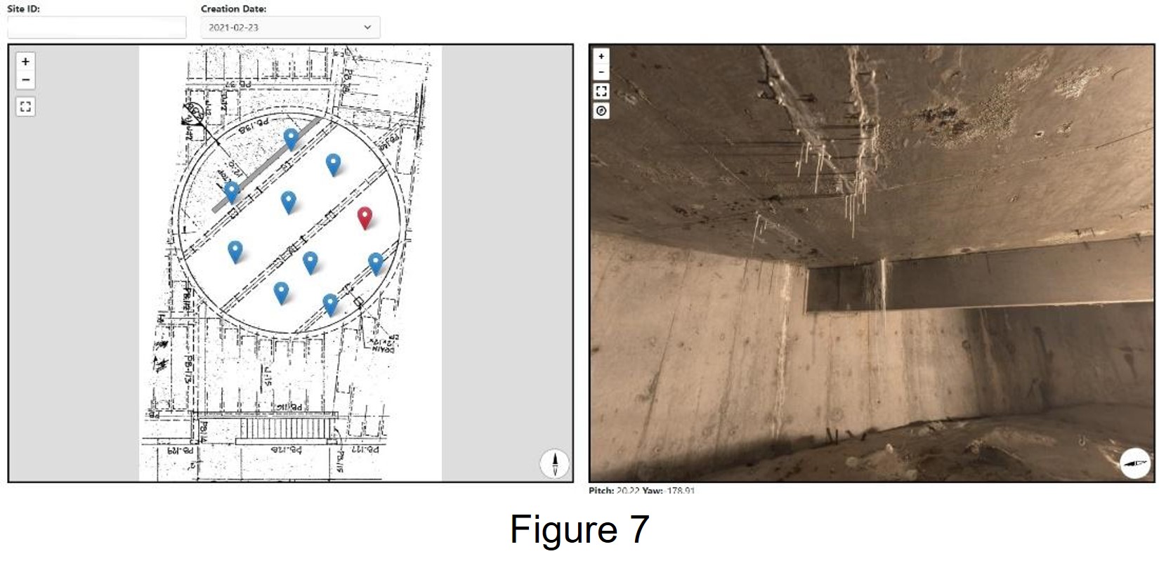 Photos of elevated swim pool slab including graphic with markers at locations of survey images and a photo from under slab