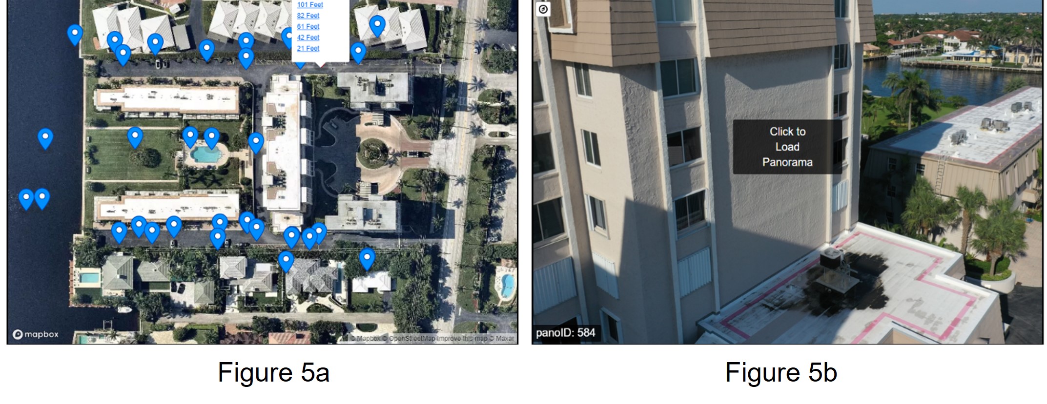 Photos by drone of client site with one full of markers at locations of acquired images and other a photo at selected marker