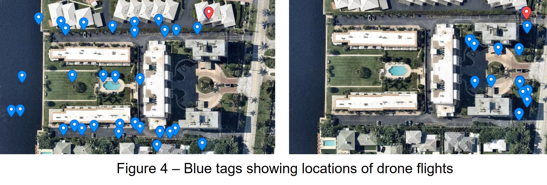 Two side-by-side photos of client site by drone with blue markers indicating locations where images were acquired