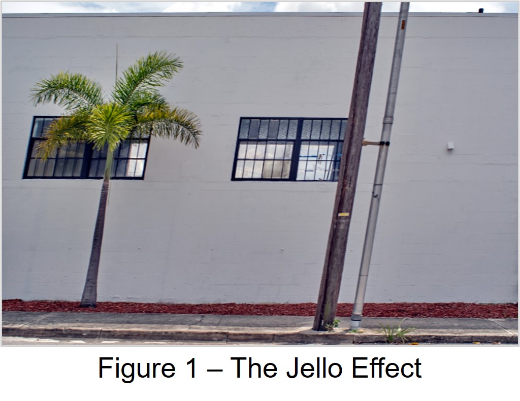 Example of the “Jello Effect” whereas picture’s palm tree and utility pole seem to wobble from camera’s rolling shutter