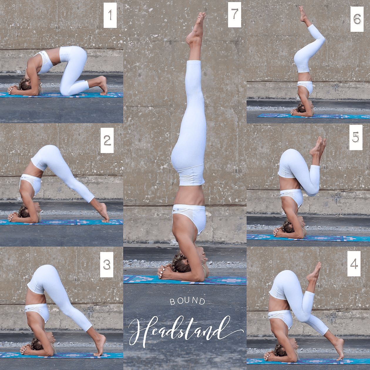 An infographic showing the 7 steps of doing a headstand.