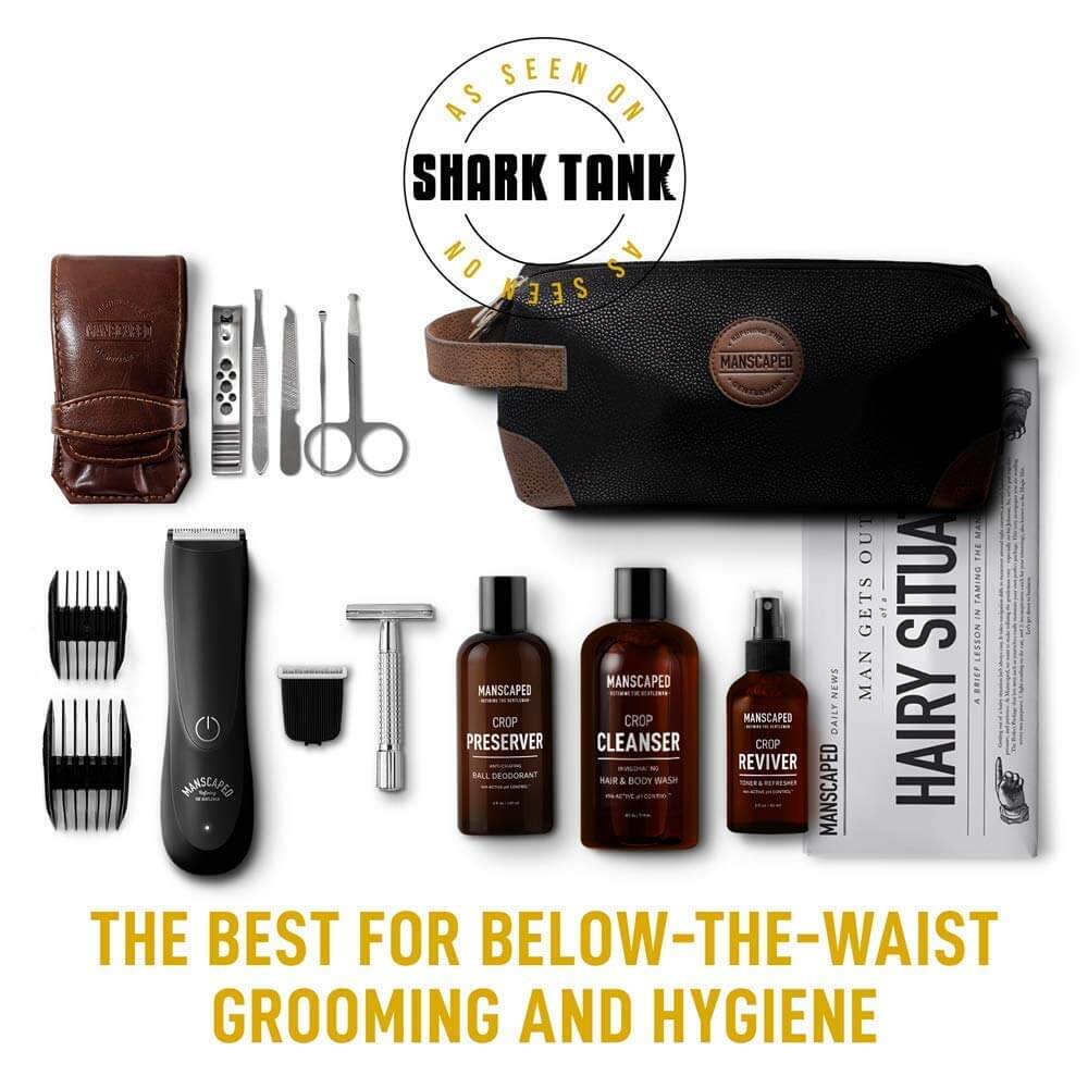 A collage of everything that comes in the Manscaped package.
