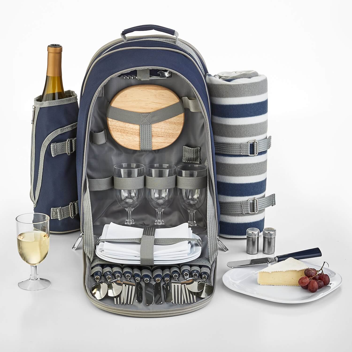 A backpack designed to carry items for a picnic.