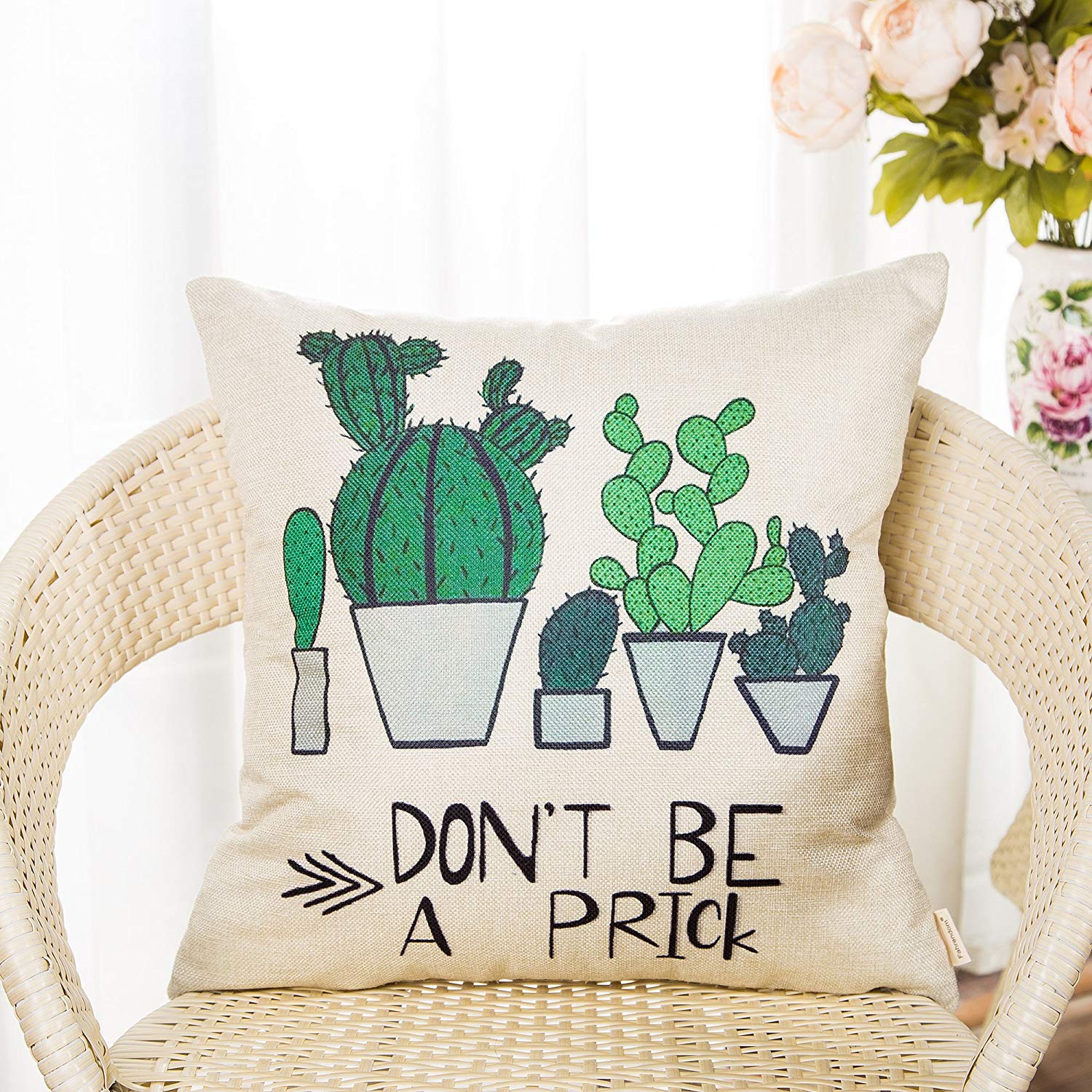 A throw pillow with pictures of a cactus and the text "Don't be a prick."
