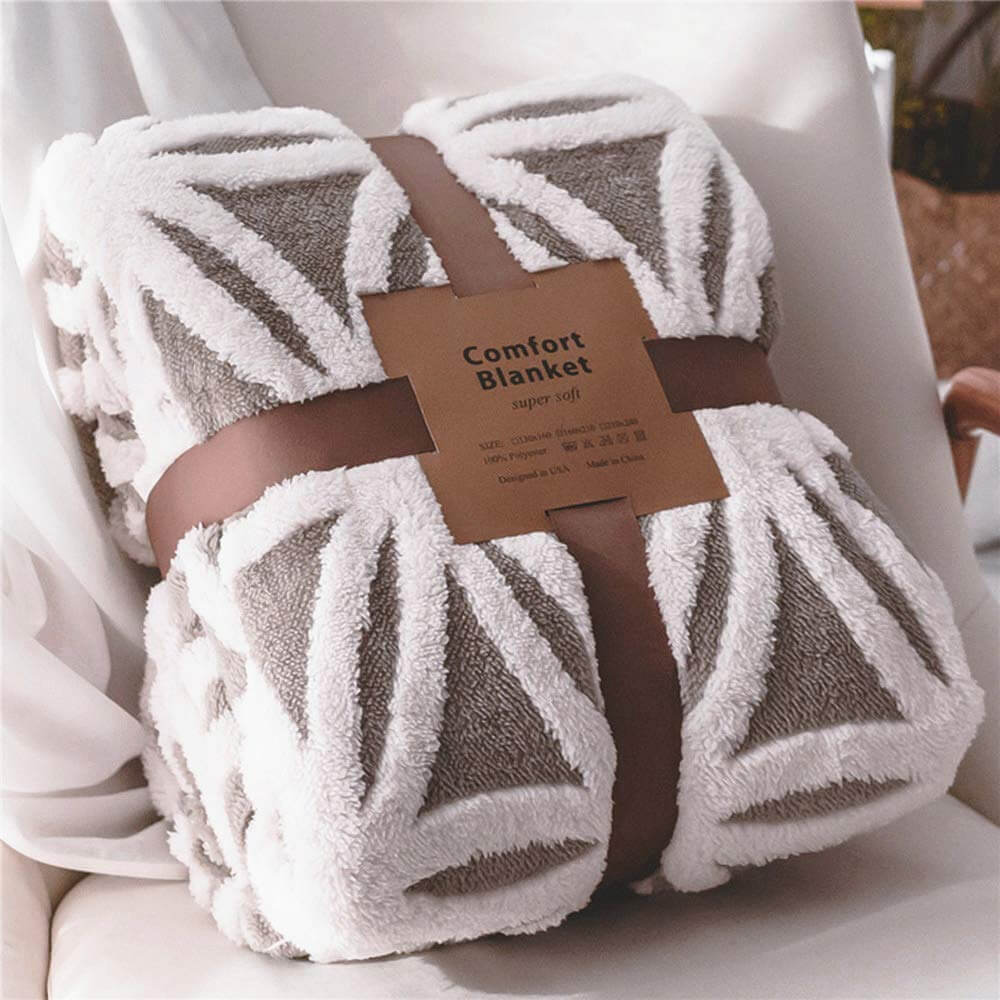 A gray and white Lomao Sherpa Fleece Blanket.