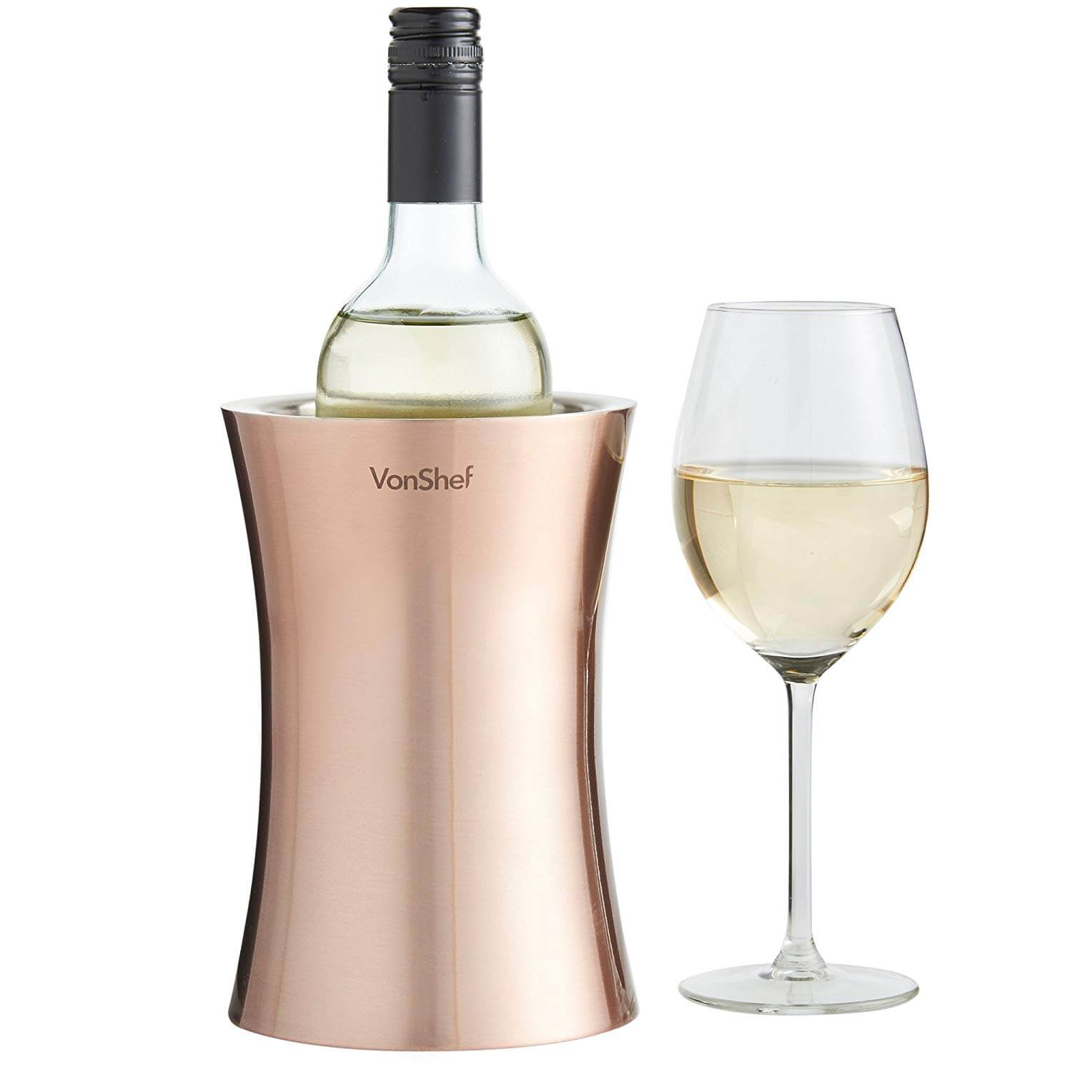 A bottle of white wine in the VonShef Copper Wine Bottle Chiller.